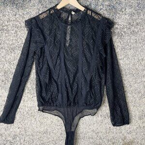 Free People Bodysuit Womens Medium Black Long Sleeve Sheer Lace Mesh Layer Top